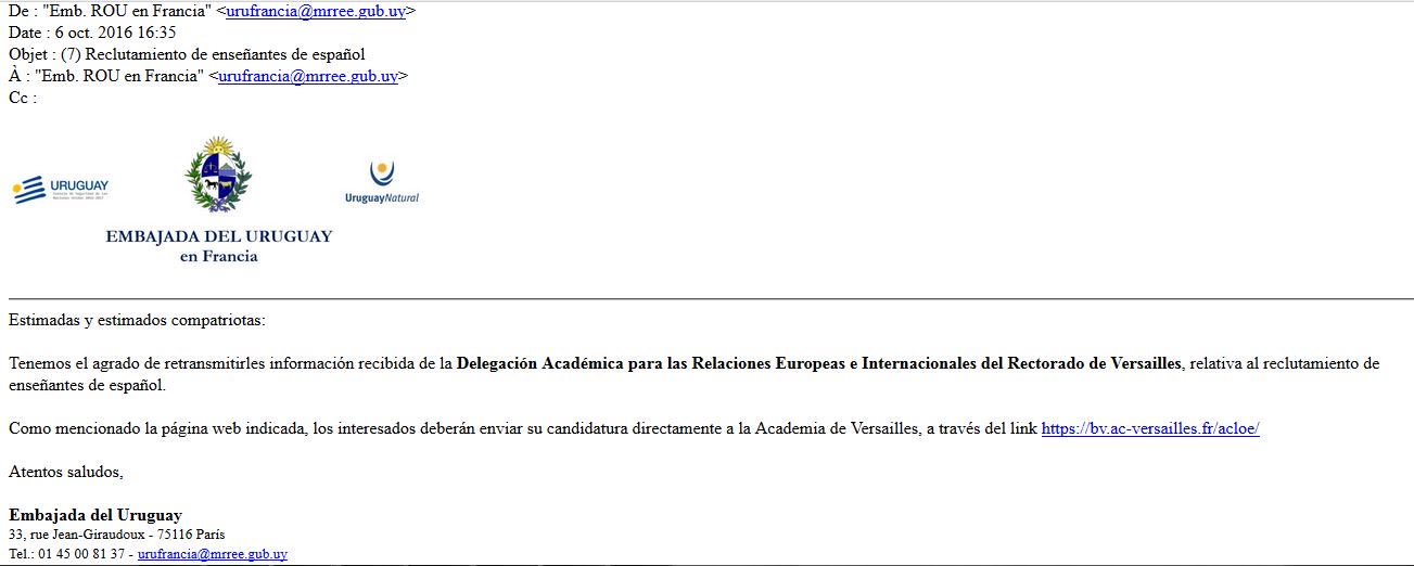 Copie du mail envoyé par l'ambassade d'Uruguay à ses ressortissants